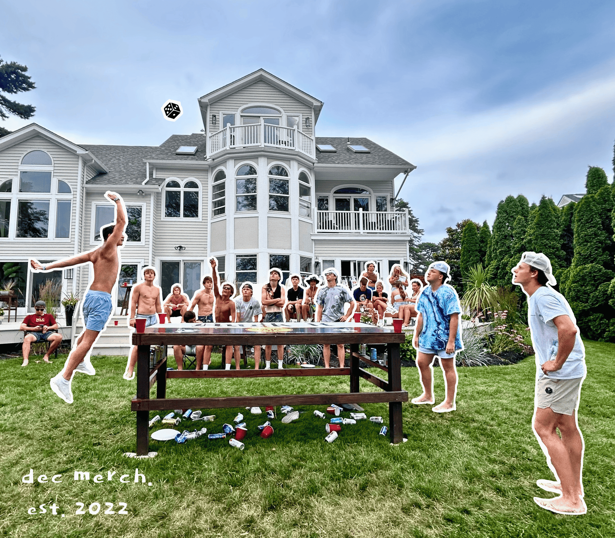 Dec Merch campaign artwork featuring friends playing a backyard dice game